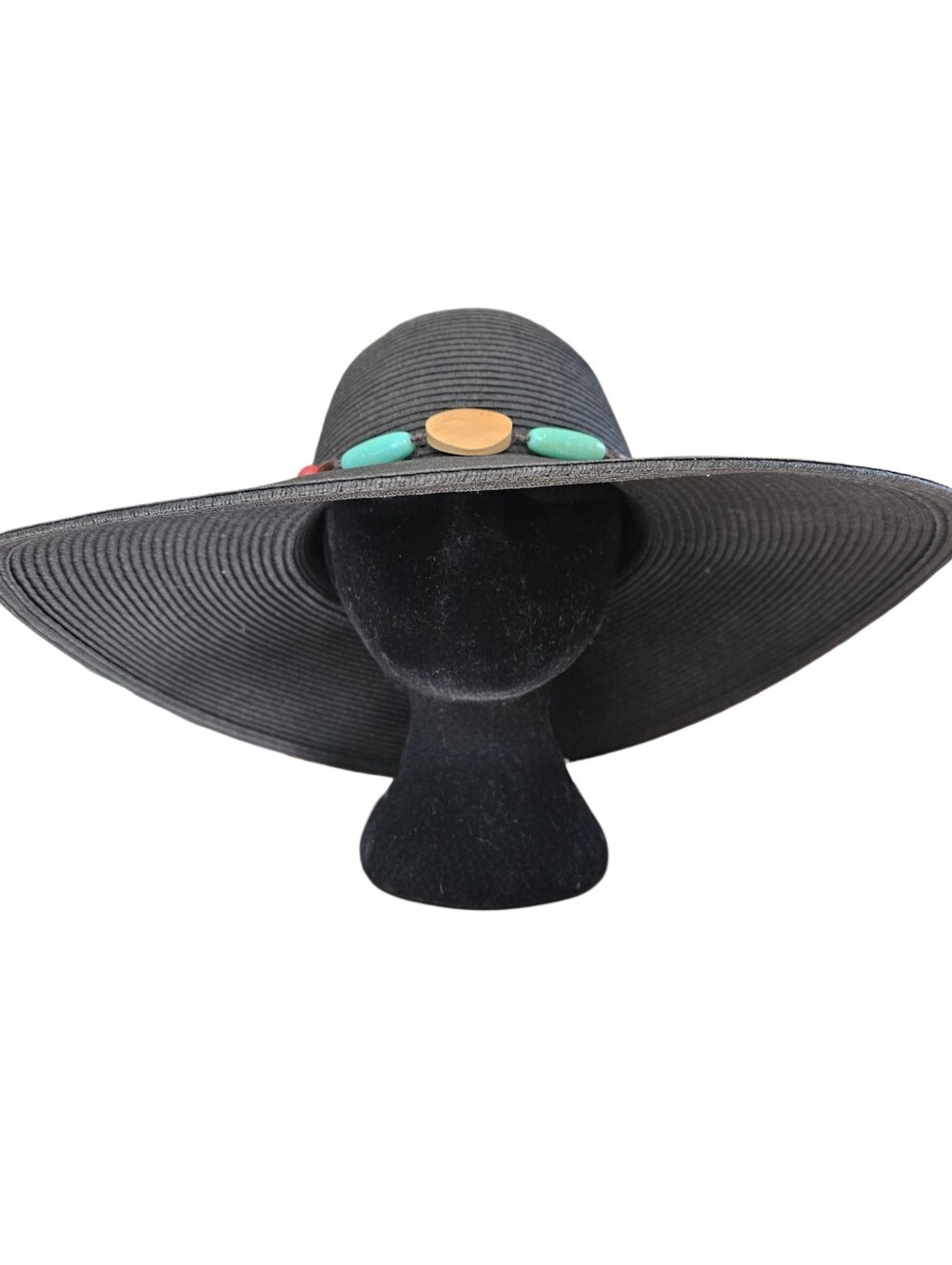 Large Brim Black Summer Floppy Hat Boho Beaded Straw Hat
